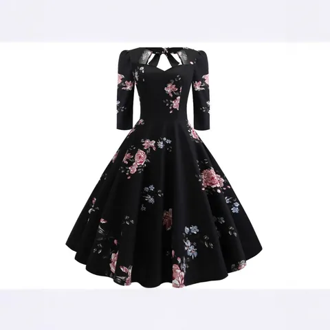 Vestido Vintage de Algodón con Estampado Floral para Mujer Escote Corazón Lazo Detalle Calado Vestido Midi Acampanado Manga Media