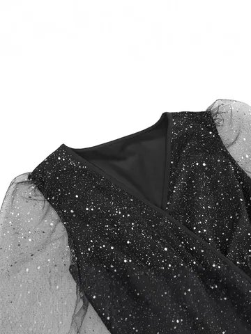Women Sexy V Neck Mesh Patchwork Glitter Dress Vintage Starry Night Bodycon Maxi Dress Long Sleeve Evening Party Dress