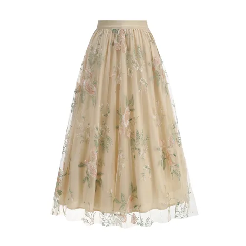 Women Floral Embroidered Mesh Midi Skirt High Waist A-Line Tulle Skirt Vintage Elegant Fairy Style Midi Skirt For Summer Daily Wear