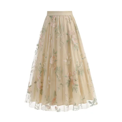 Women Floral Embroidered Mesh Midi Skirt High Waist A-Line Tulle Skirt Vintage Elegant Fairy Style Midi Skirt For Summer Daily Wear