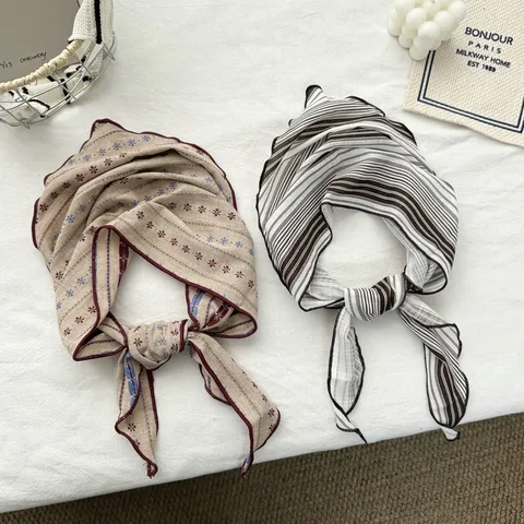 Vintage Cotton Striped Polka Dot Triangle Scarf Head Wrap Hair Band French Style Ruffle Trim Multi Purpose Small Scarf For Women