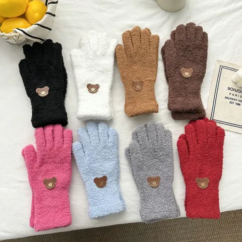Cute Bear Plush Warm Gloves For Women Men Winter Thermal Full Finger Gloves Thick Fleece Cycling Gloves Outdoor Wrist Mittens