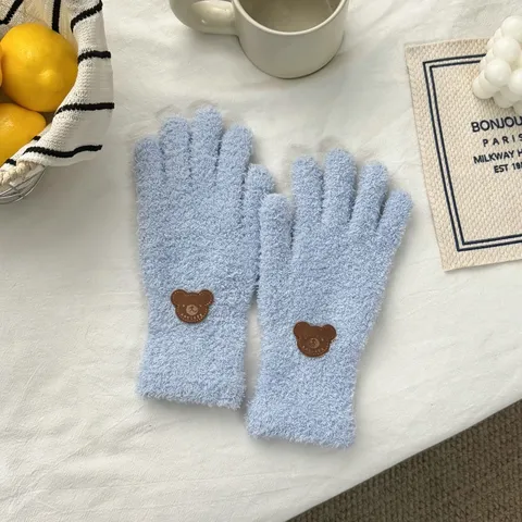 Cute Bear Plush Warm Gloves For Women Men Winter Thermal Full Finger Gloves Thick Fleece Cycling Gloves Outdoor Wrist Mittens