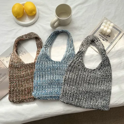 Nischendesign Mischfarben Strick Handtasche Damen Casual Grobstrick Handgelenktasche Minimalistisch Offen Vertikales Quadrat Kleine Tote Bag