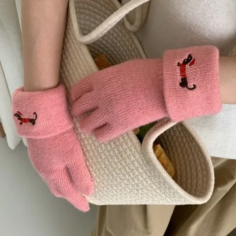 Women Cute Dog Embroidery Touchscreen Knitted Gloves Winter Warm Fleece Lined Thickened Polyester Five Finger Mittens