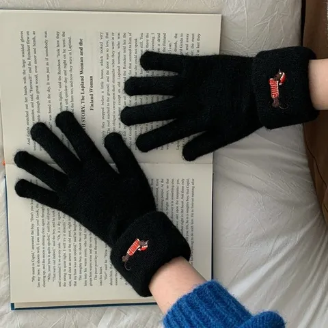 Women Cute Dog Embroidery Touchscreen Knitted Gloves Winter Warm Fleece Lined Thickened Polyester Five Finger Mittens