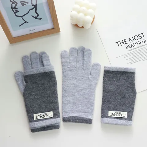 Women's Knitted Wool Blend Gloves Winter Thickened Color Block Touchscreen Gloves Dual Use Fingerless Mittens For Lady