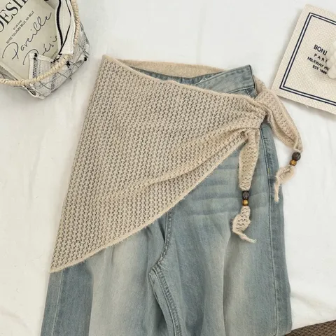 Retro Holzperlen Quaste Gestricktes Dreieckstuch Für Damen Atmungsaktiv Hohl Aus Sommer Halstuch Dekorativer Schal