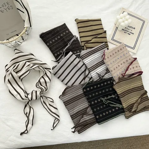 Vintage Cotton Striped Polka Dot Triangle Scarf Head Wrap Hair Band French Style Ruffle Trim Multi Purpose Small Scarf For Women
