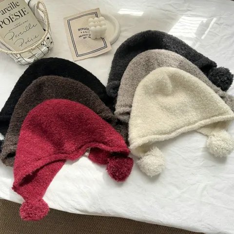 Cute Balaclava Hat For Women Winter Warm Knitted Wool Blend Pullover Hat Double Pom Pom Ear Protection Beanie