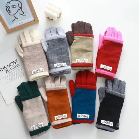 Women's Knitted Wool Blend Gloves Winter Thickened Color Block Touchscreen Gloves Dual Use Fingerless Mittens For Lady