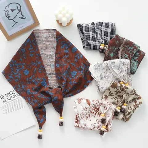 Vintage Floral Plaid Lace-up Waist Scarf With Beaded Tassel Fringe Multi-functional Triangle Headscarf Layering Skirt Panel Shawl Accessory For Women