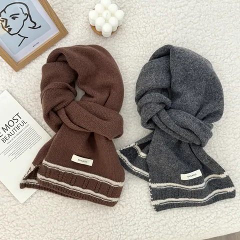 100% Pure Wool Scarf For Women Men Winter Warm Thick Knitted Scarf Vintage Preppy Style Striped Long Neck Warmer Unisex Scarf