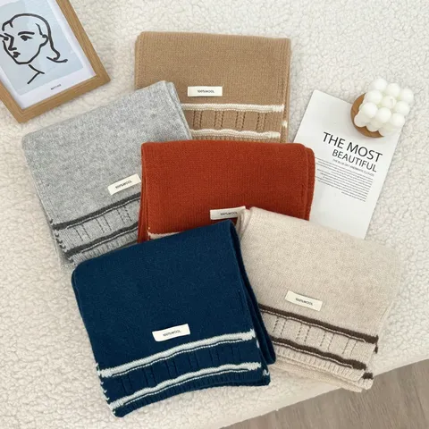 Preppy Style Pure Wool Knit Scarf Unisex Retro Contrast Striped Warm Winter Long Neck Warmer Casual Cozy Everyday Wrap Shawl