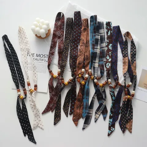 Polka Dot Beaded Scarf Necklace For Women Niche Design Fabric Choker Adjustable Wooden Bead Neck Scarf Sweater Chain Fashion Accessories