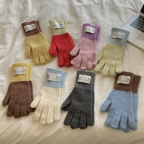 Women Winter Thermal Knit Gloves Wool Blend Color Block Touch Screen Split-Finger Warm Gloves For Outdoor Daily