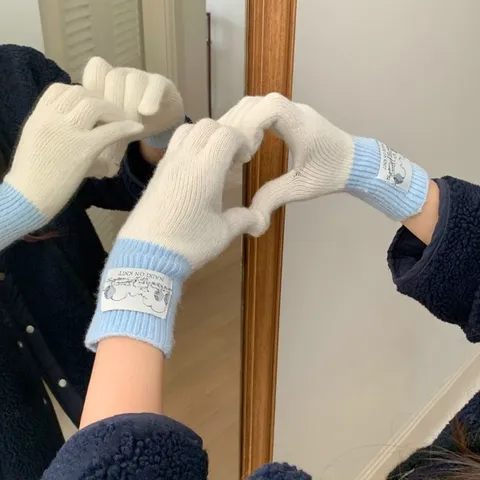 Women Winter Thermal Knit Gloves Wool Blend Color Block Touch Screen Split-Finger Warm Gloves For Outdoor Daily