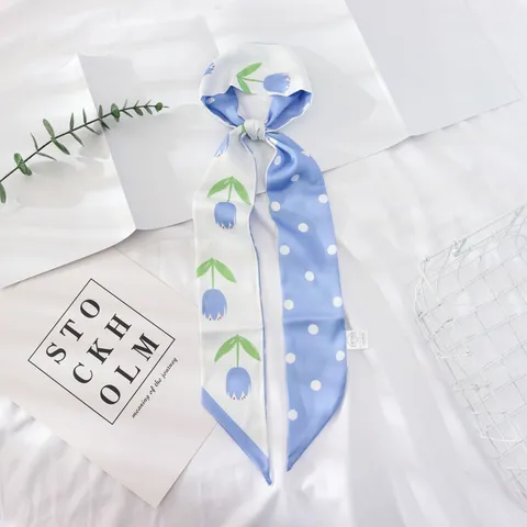 Franse Elegante Zijde-achtige Sjaal Haarelastiek Bloemen Vogel Stippen Bedrukte Lange Streamer Sjaal Lint Hoofdband Voor Vrouwen Tas Wrap Stropdas Hoofddeksel Accessoire