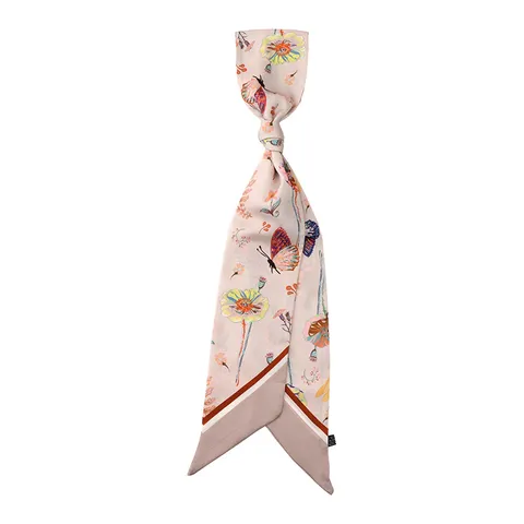 Foulard Étroit Vintage Imprimé Floral Papillon pour Femme Effet Satin Polyester Twilly Bandeau Mode Ruban de Sac à Main Soie