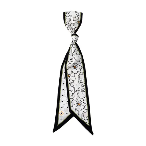 Foulard Étroit Vintage Imprimé Floral Papillon pour Femme Effet Satin Polyester Twilly Bandeau Mode Ruban de Sac à Main Soie