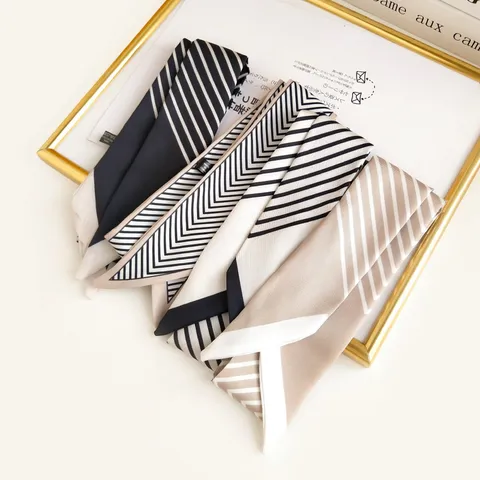 Women Narrow Striped Satin Scarf Trendy Elegant Ribbon Hair Band Bag Wrap Handle Twilly Letter Print Thin Scarf Headband For Ladies Accessories