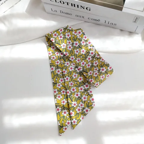 Foulard Long en Coton Imprimé Floral Style Coréen Étroit Petit Tour de Cou Poignet Bandeau Cheveux Sac Accessoires pour Femmes