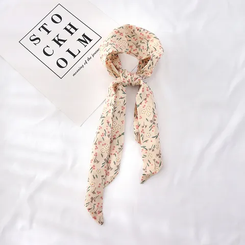 Foulard Ruban en Polyester Satin Imprimé Floral Élégant pour Femmes Bande Longue Estétique Douce Attache Cheveux Bracelet Accessoire de Sac
