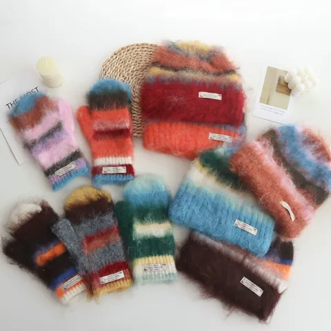 Stile Coreano Righe a Contrasto Maglia Berretto Guanti Inverno Caldo outdoor Protezione Freddo Minimalista Accessori Moda