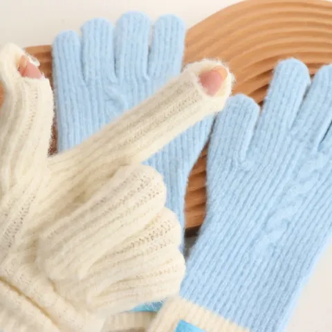 Korean Style Color Block Contrast Patchwork Knitted Gloves Warm Winter Thick Knit Full Finger Coldproof Gloves With Label Decoration For Women Students Everyday Daily Wear