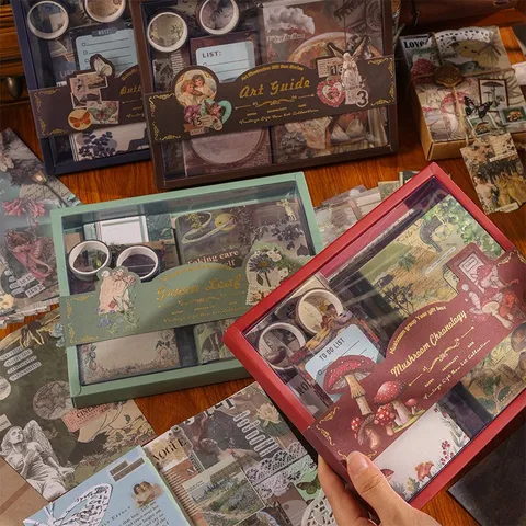 Vintage Scrapbooking Supplies Journal Material Kit Classical Art Illustration Sticker Tape Grid Notebook Stationery Gift Box Set For Scrapbook Crafting Diary
