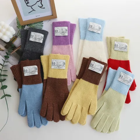 Women Color Block Knitted Gloves Winter Warm Fingerless Touchscreen Cycling Gloves Extended Ribbed Cuff Polyester Mittens