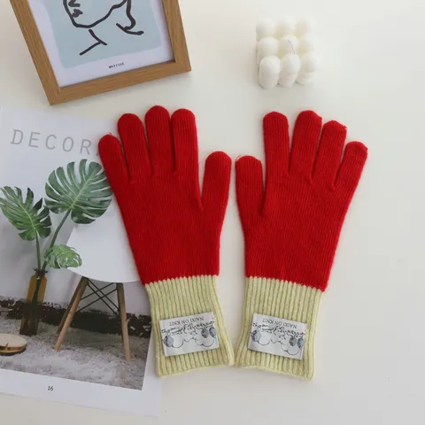Women Color Block Knitted Gloves Winter Warm Fingerless Touchscreen Cycling Gloves Extended Ribbed Cuff Polyester Mittens