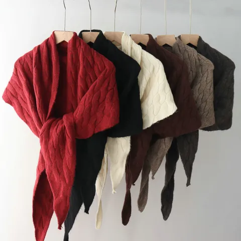 Womens Vintage Cable Knit Triangle Scarf Solid Color Large Shawl Wrap Polyester Warm Winter Neck Scarf Accessory