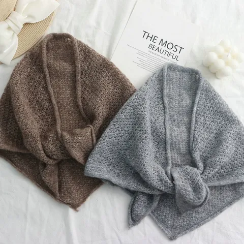 Women Hollow Out Knitted Triangle Scarf Acrylic Soft Warm Shawl Elegant Solid Color Wrap Scarf For Autumn Winter