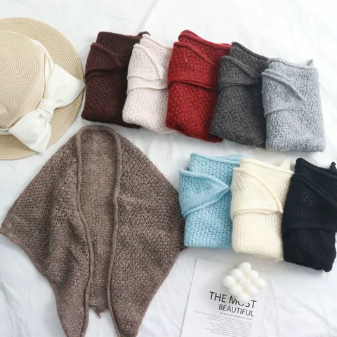 Women Hollow Out Knitted Triangle Scarf Acrylic Soft Warm Shawl Elegant Solid Color Wrap Scarf For Autumn Winter