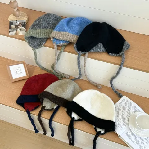 Gorro Trapper de Peluche de Punto para Mujer Estilo Coreano Cálido con Orejeras y Lazos Gorro Cortavientos