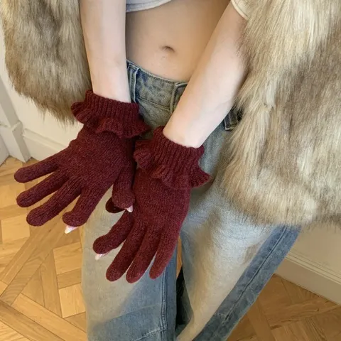 Women Winter Warm Fingerless Knit Gloves Ruffle Trim Solid Color Soft Warm Mitten For Student Outdoor Daily Accessories Gift