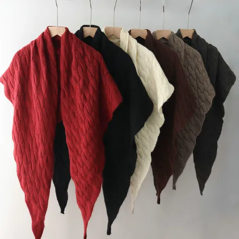 Womens Vintage Cable Knit Triangle Scarf Solid Color Large Shawl Wrap Polyester Warm Winter Neck Scarf Accessory