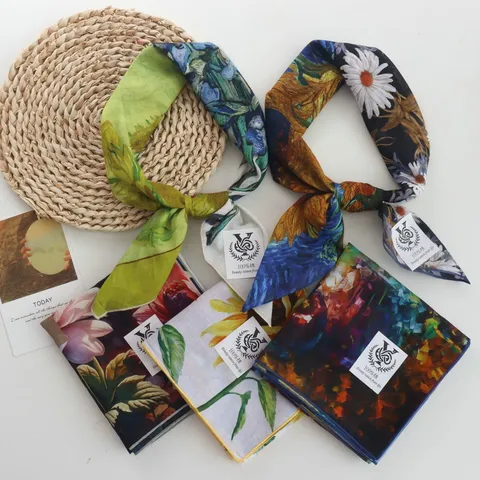 Artistic Van Gogh Oil Painting Printed Cotton Square Scarf For Women Vintage Retro Sunflower Floral Decorative Hand Rolled Edge Twill Silk Feeling Neck Scarf Head Wrap Accessory