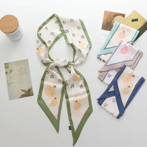 Women Sweet Fruit Peach Rabbit Printed Satin Skinny Scarf Narrow Long Neck Tie Hair Band Bag Ribbon Scarf For Decorative Daily Accessories