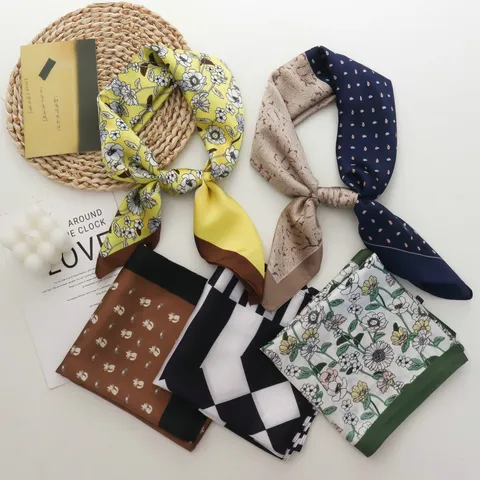 Elegant Polyester Satin Square Neckerchief For Women Retro Paisley Geometric Grid Print Decorative Silk Scarf Daily Head Scarf Wrap