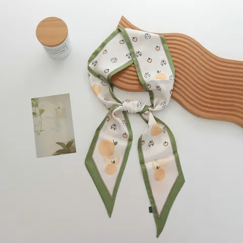 Women Sweet Fruit Peach Rabbit Printed Satin Skinny Scarf Narrow Long Neck Tie Hair Band Bag Ribbon Scarf For Decorative Daily Accessories