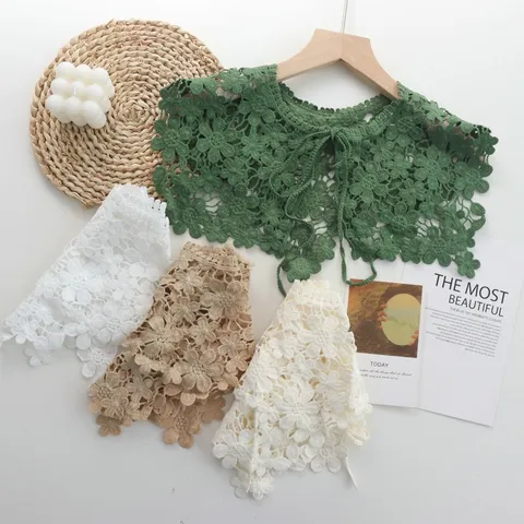Women's Hollow Out Lace Shawl Fake Collar Crochet Floral Sweet Detachable Bib For Summer Layering Clothing Accessories