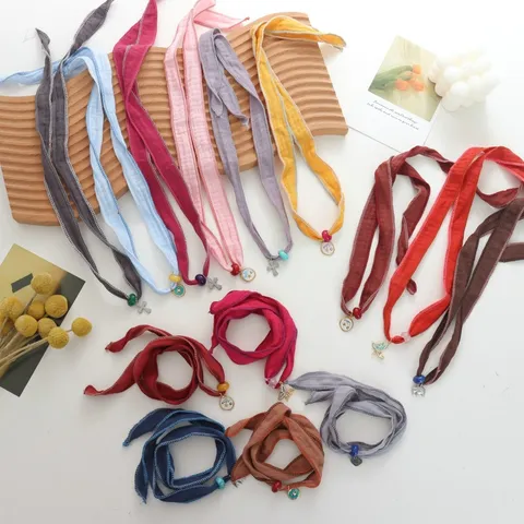 Dopamine Color Thin Polyester Silk Scarf Choker Necklace For Women Versatile Hand Rope Bracelet With Alloy Pendant Fashion Jewelry Accessory