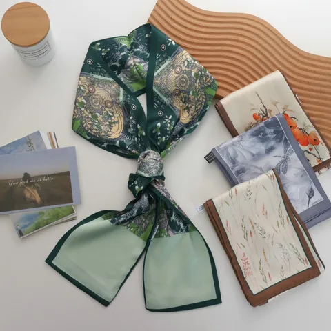 Korean Style Narrow Long Satin Polyester Scarf For Women Floral Leaf Geometric Pattern Hair Tie Ribbon Bag Band Belt