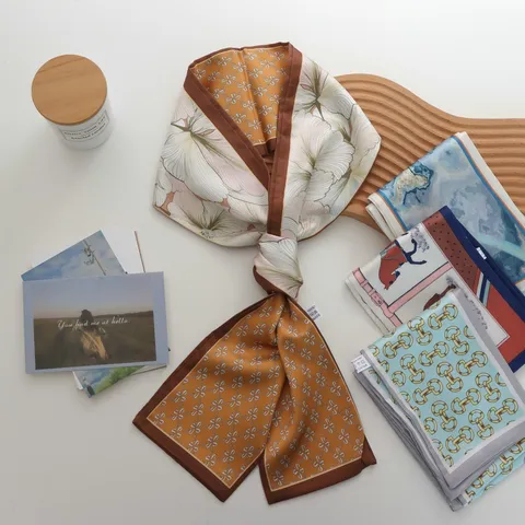 Pañuelo Estrecho con Estampado de Doble Cara Elegante para Mujer Cinta para el Pelo de Poliéster Corbata Decorativa para Bolso Floral