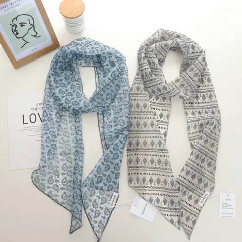 Foulard Skinny Rétro Français pour Femmes Satin de Polyester Cravate Longue Bloc de Couleur Paisley Pois Imprimé Accessoire Ceinture