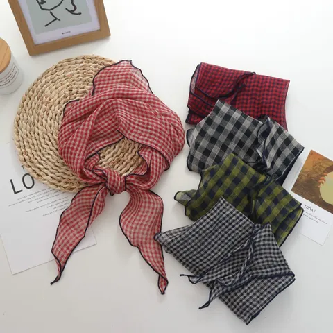 Japanese Style Pure Linen Plaid Triangle Scarf Women Breathable Casual Neck Scarf Spring Summer Fashion Accessory