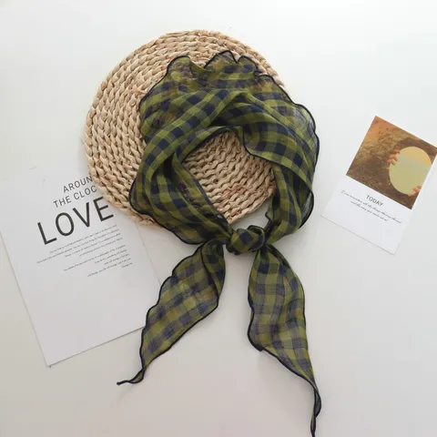 Japanese Style Pure Linen Plaid Triangle Scarf Women Breathable Casual Neck Scarf Spring Summer Fashion Accessory