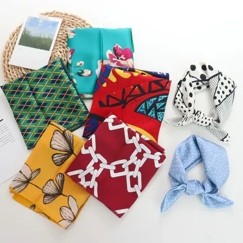 Elegant Polyester Satin Square Scarf For Women Geometric Striped Polka Dot Printed Headscarf Hair Bandana Shirt Neck Accessory